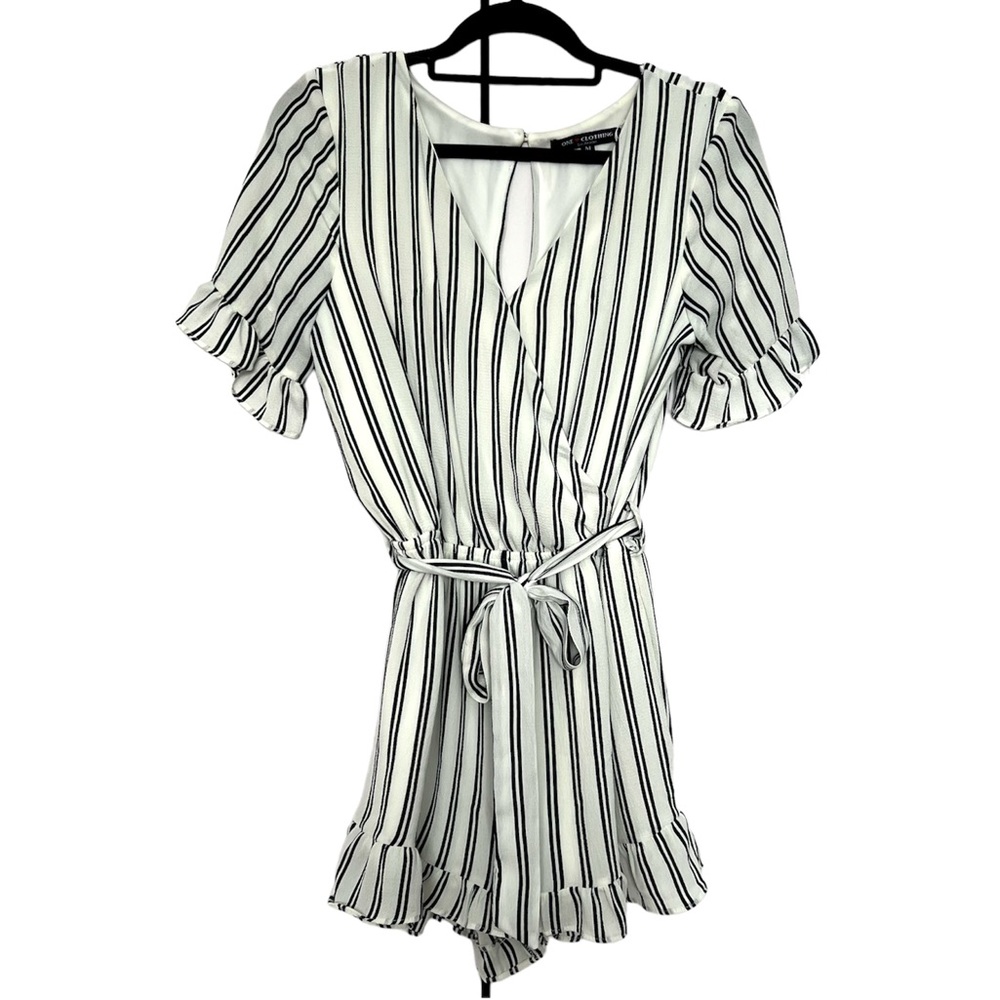White and black striped shorts romper with ruffle detail